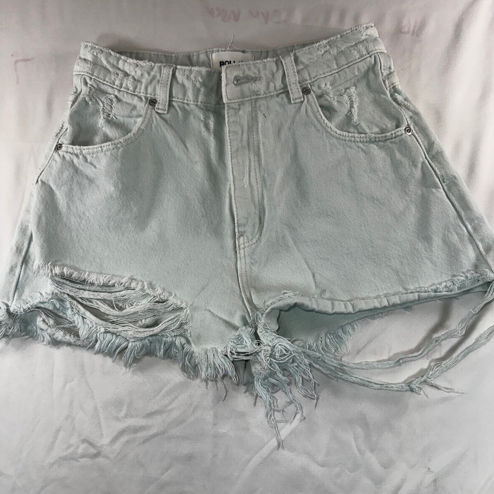 Rollas Dusters High Rise Slim Distressed Denim Shorts Light Green Blue Size 27